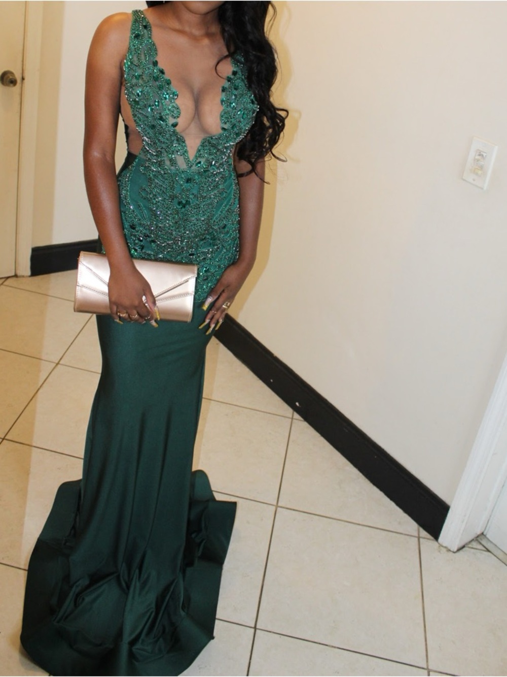Elegant Deep Green Beaded Plunge Evening Gown